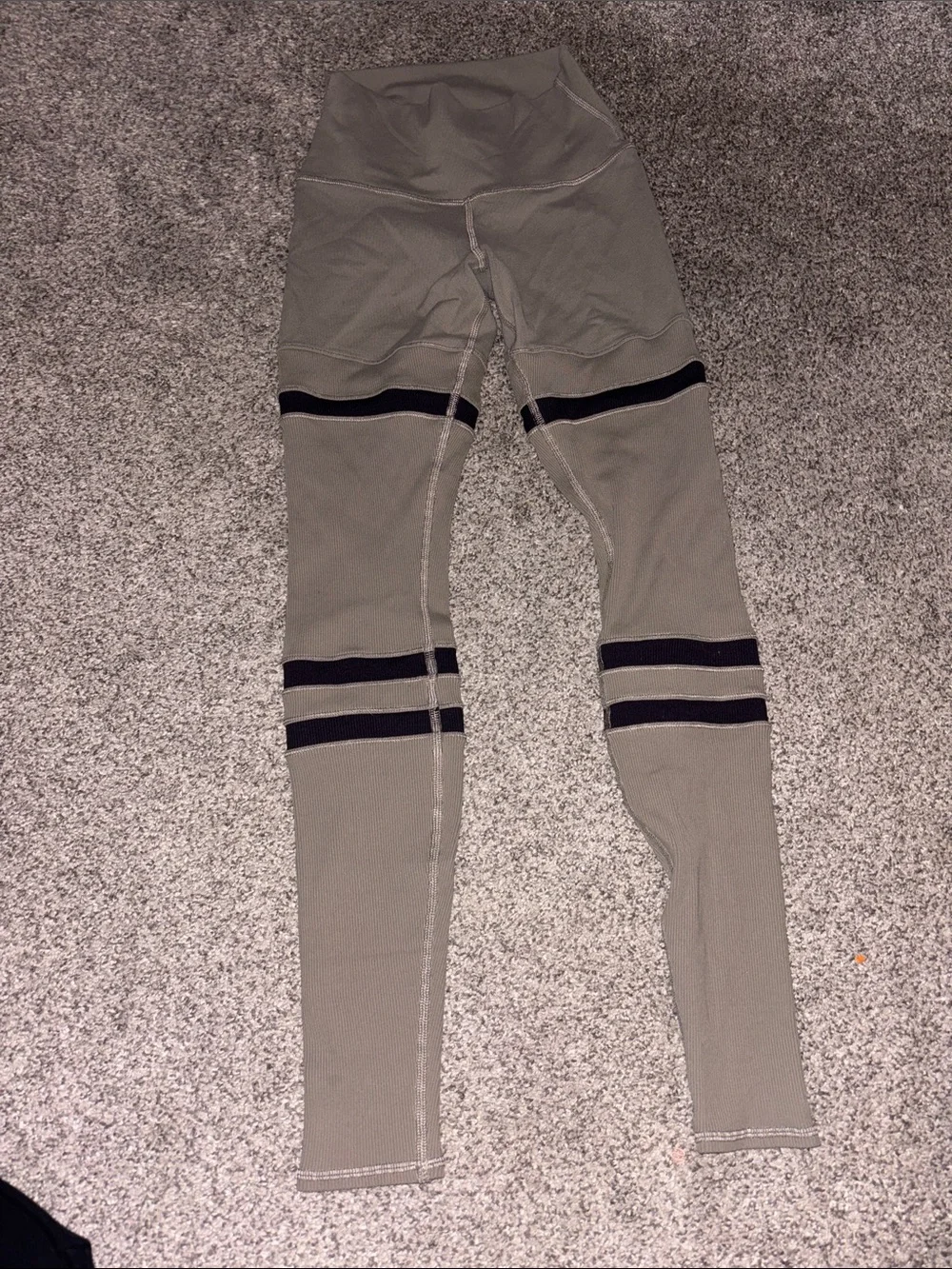 Alo Olive Green Leggings with Black Stripes